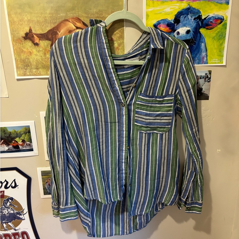 Striped Green and Blue Button-Up Shirt